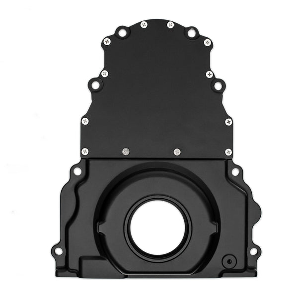 ALUMINUM CHEVY LS TWO PIECE TIMING CHAIN COVER W-O CAM SENSOR HOLE - BLACK