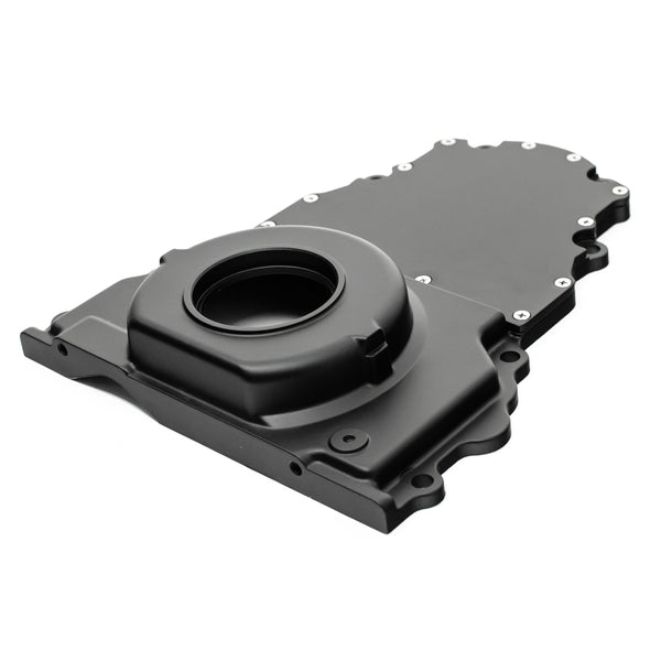 ALUMINUM CHEVY LS TWO PIECE TIMING CHAIN COVER W-O CAM SENSOR HOLE - BLACK