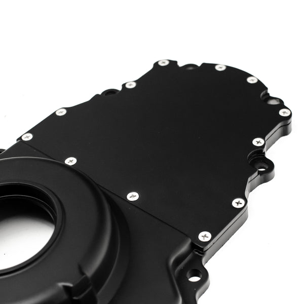 ALUMINUM CHEVY LS TWO PIECE TIMING CHAIN COVER W-O CAM SENSOR HOLE - BLACK