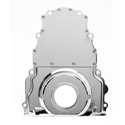 ALUMINUM CHEVY LS TWO PIECE TIMING CHAIN COVER W-O CAM SENSOR HOLE - CHROME